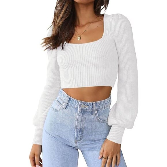 Lacozy Women's B White Sweater Trendy Long Sleeve Cropped Square Neck Shirts - Picture 1 of 5